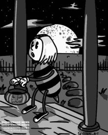 a black and white drawing of a ghost carrying a pumpkin bucket