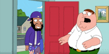 peter griffin and a man in a purple hat are standing in a doorway