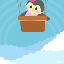a penguin is flying in a hot air balloon with the word love written on it