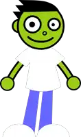 a cartoon character with a green head and blue pants