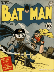 a comic book cover for batman and robin shows a man holding a gun