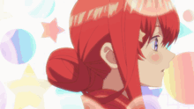 a girl with red hair is surrounded by colorful balls and stars