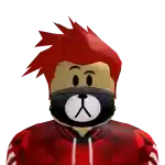 a roblox character with red hair is wearing a teddy bear mask .