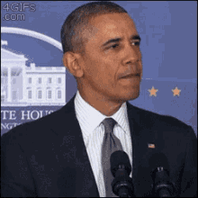 a man in a suit and tie is standing in front of a microphone with a white house in the background