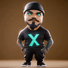 a cartoon character wearing a black t-shirt with a green x on it