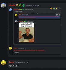 a screenshot of a discord conversation between qualz and koyo today at 3:36 pm