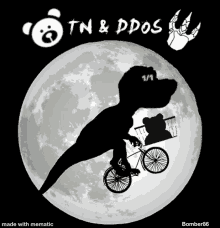 a t-rex riding a bike in front of a full moon with the words " tn & ddos " on the bottom