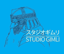 a drawing of a man with a beard and a helmet on a blue background with studio gimli written below him