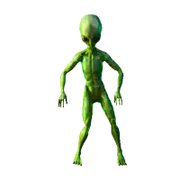 a green alien with a large head is standing with his arms outstretched