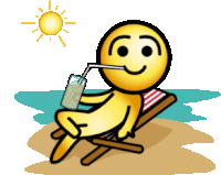 a smiley face is sitting on a beach drinking a drink through a straw