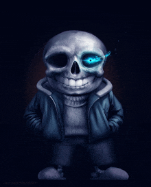 a cartoon drawing of a skeleton with blue eyes and a jacket