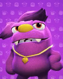 a purple monster is wearing a gold necklace and a hat .