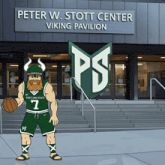 a cartoon of a basketball player in front of the peter w. scott center