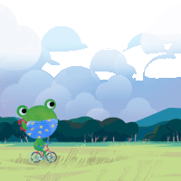 a frog is riding a bike in a field