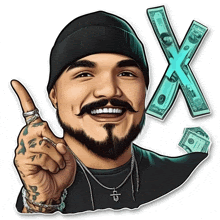 a cartoon of a man with a beard pointing up with a dollar bill behind him that says x