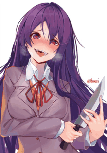 a drawing of a girl with purple hair holding a large knife