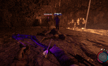 a person holding a bow and arrow in a video game with a purple light behind them