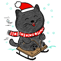 a cat wearing a santa hat and scarf is sledding down a snowy hill