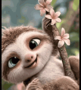a cartoon sloth is smiling while hanging from a tree branch with pink flowers