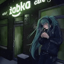 a woman with long green hair is smoking a cigarette in front of a store .