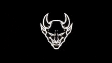 a white devil head with horns on a black background