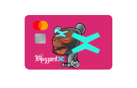 a pink credit card with a teddy bear and the word blazzard