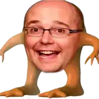 a man with glasses and a chicken shaped head is smiling