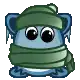 a pixel art drawing of a cartoon character wearing a hat and scarf .