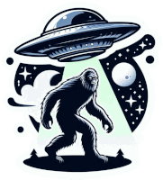 an illustration of a bigfoot being abducted by a spaceship