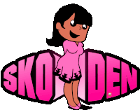 a cartoon girl in a pink dress is standing in front of a sko den logo