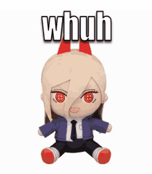 a stuffed animal with horns and the word whuh written above it