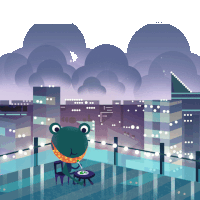 an illustration of a frog sitting on a balcony with a city in the background