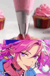 a girl with pink hair and blue eyes is next to a cupcake with pink frosting