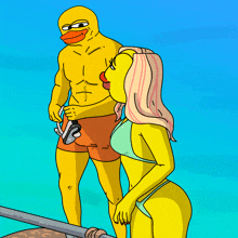 a cartoon drawing of a man and a woman on the beach