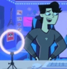 a cartoon man is standing in front of a computer with a ring light in the background .