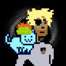 a pixel art drawing of a man holding a cat and a frog