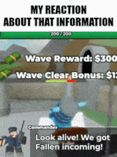 a screenshot of a video game that says ' my reaction about that information ' at the top