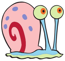 a cartoon drawing of a snail with big eyes and a red tail