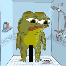 a cartoon of a frog taking a shower with a bottle of xiz2 on the shelf behind him