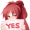 a red haired anime girl is holding a pink pillow with the word yes on it .