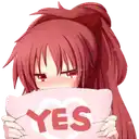 a red haired anime girl is holding a pink pillow with the word yes on it .