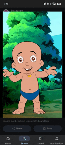 a cartoon of a baby in a blue diaper is displayed on a phone screen