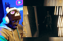 a man wearing headphones and a bear hat stands in front of a sign that says youtube