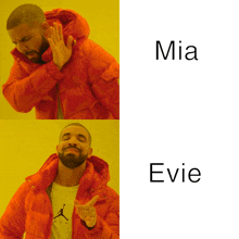 a man in an orange jacket is making a funny face with the words mia and evie below him