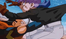 a couple of cartoon characters are fighting each other . one of the characters has purple hair .