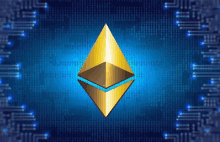 a gold ethereum coin is on a blue background with binary code