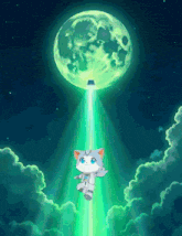 a cat is flying through the air with a green light coming from it