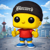 a funko pop of bart simpson wearing a black beanie that says blazzard