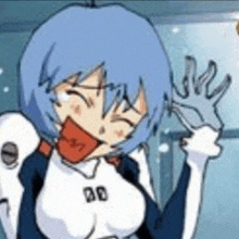 a cartoon of a girl with blue hair is laughing and holding her hand up .