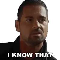 a man with a beard says " i know that " on a white background